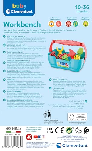 3. Bild von Clementoni Clementoni Baby Werkbank, Motorik-Spielzeug aus 100% recyceltem Material zur Entwicklung der Sinne, Werkzeug-Box mit Hammer,Schrauben & Schraubendreher, für Kleinkinder ab 10 Monaten 17042