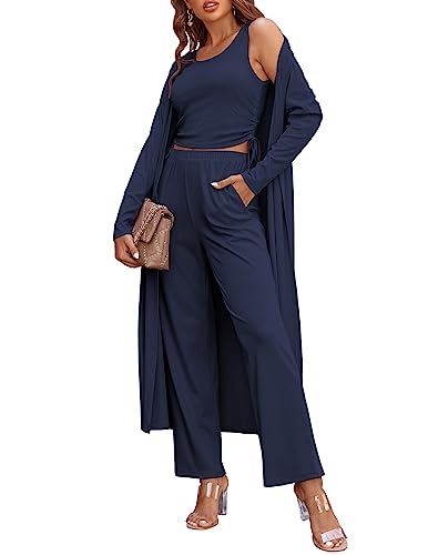 Image of Ekouaer Women's 3 Piece Lounge Set Pajama Long Sleeve Cardigan Sleeveless Top Pants Sweatsuit S-XXL