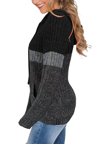 MixShe Women’s Color Block Knit Hoodie – Casual Long Sleeve Pullover Sweater Tops with Pocket