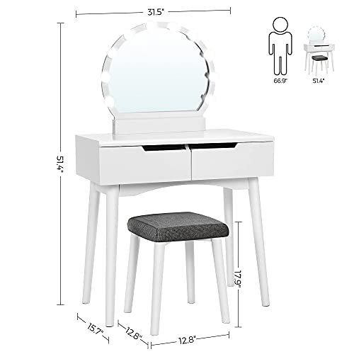 Image of VASAGLE Makeup Vanity Set with 10 Light Bulbs and Touch Switch, Dressing Makeup Table Desk with Large Round Mirror, 2 Sliding Drawers, 1 Cushioned Stool, White URDT11WL