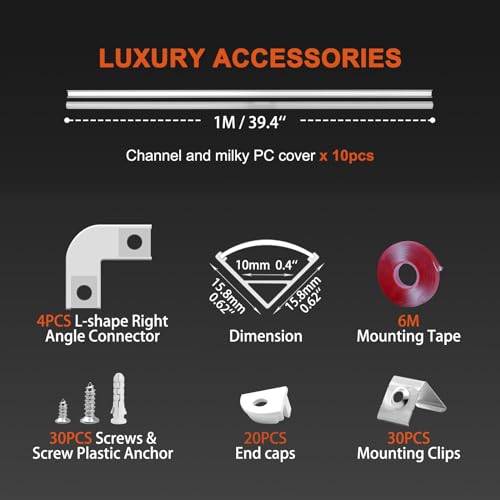 HOMMAND LED Channel, LED Profile 10pcs 1m/3.3ft V-Shape, LED Aluminium Profile and LED Strip Diffuser with Adhesive Tape, Corner Connectors, End Caps and Mounting Clips, LED Strip Channel 10m