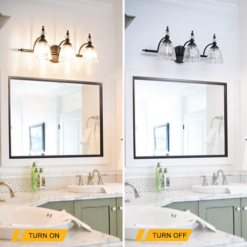 Image of Matte Black Bathroom Vanity Light, Farmhouse Bathroom Light Fixtures Over Mirror, 3 Light Vanity Lighting Fixtures, Flower Glass Shade Wall Sconce Lighting