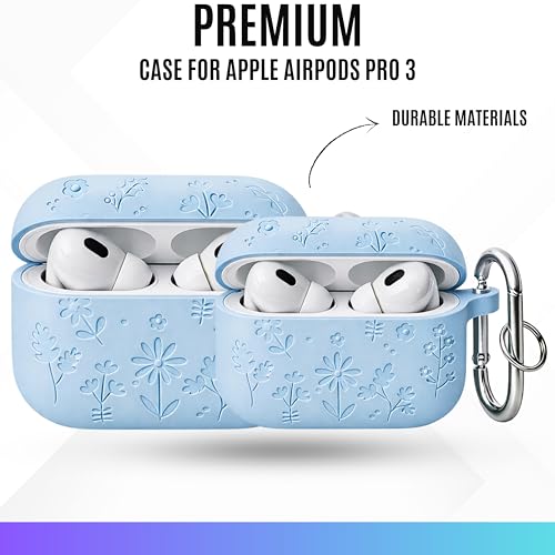 Image of Emoh Roced Case for Airpods Pro 3,Silicone Flower Engraved Cases Compatible with Apple AirPods Pro 3rd Generation 2025, Shockproof, Anti-Scratch, Protective Case Cover (Sky Blue, for AirPods pro 3)