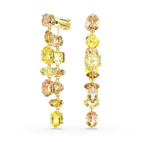 Swarovski Gema drop earrings, Asymmetrical design, Mixed cuts, Long, Yellow, Gold-tone Finish