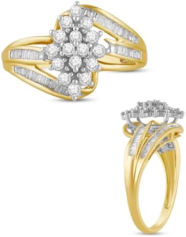 Jewelili 10K Yellow Gold 1/2 CTW Natural White Round &amp; Baguette Diamond Cluster Ring for Women | Dainty Fine Jewelry with Gift Box