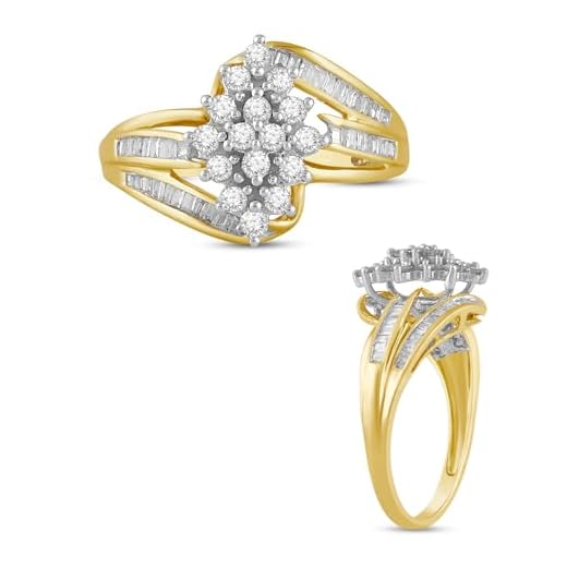 Jewelili 10K Yellow Gold 1/2 Cttw Natural Round and Baguette Diamond Cluster Ring - White - Size 8