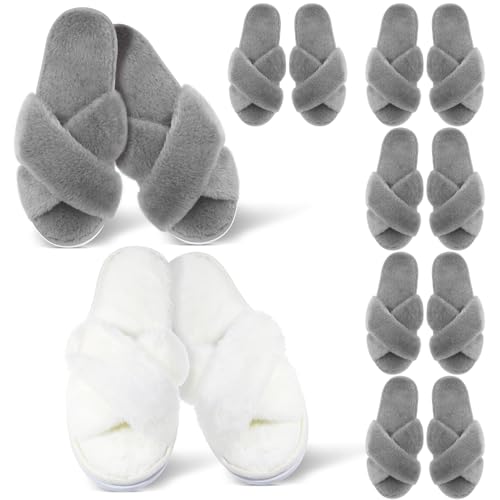 Image of JenPen 7 Pairs Bridesmaids Slippers Women's Cross Band Fuzzy Bachelorette Party Slippers for Wedding Bridal Party