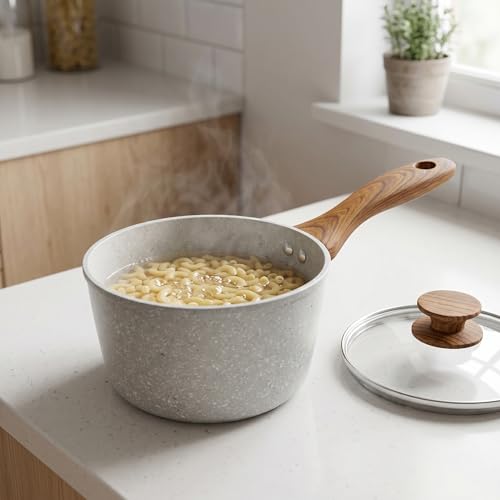SALFORD Ceramic Nonstick Saucepan with Glass Lid – 1.8 Quarts Aluminum Nonstick Forged, Soft-Touch Wood Handle – Induction Compatible Saucepot, Ideal for Boiling, Simmering & Sauces, Added PFOA-Free