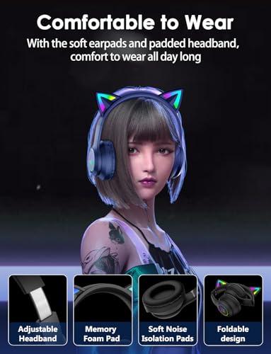 Image of Cat Ear Bluetooth Headphones for Kids & Adults, 55H Play Time, Wireless Foldable & Wired Multi-Function LED Light Up Over Ear Headphones with Mic and Volume Control for iPhone /iPad /Laptop /PC