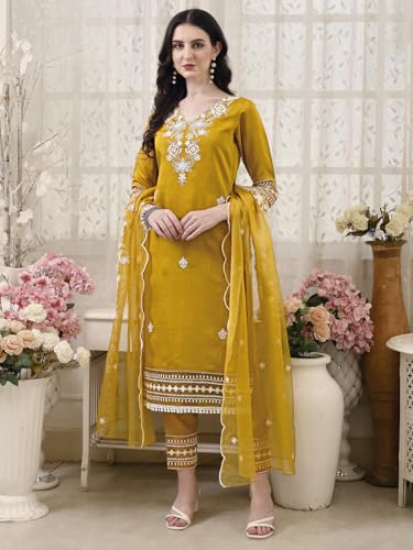 Image of NIVANA Womens Pakistani Style Embroidered Kurta with Pant & Embroidered Dupatta | Chanderi Straight Kurta Set with V-Neck & 3 /4 Sleeves | Ethnic Wear for Festive & Casual Occasions