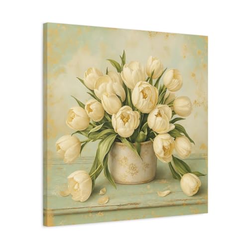 Toile tulipes blanches et or pour habiller un mur de salon vide
