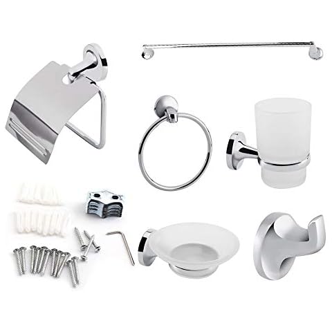 GOTOTO Set of 6 Bathroom Accessories Complete Kit, Towel Ring, Towel Ring, Toilet Paper Holder, Soap Dish, Hook and Tumbler, Chrome-Plated Zinc Cover