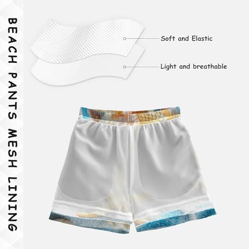 DOMIKING Seashells Starfish Sand Beige Boys' Pull On Swim Trunks Quick Dry Boardshorts with Mesh Lining for Kids Boys M4