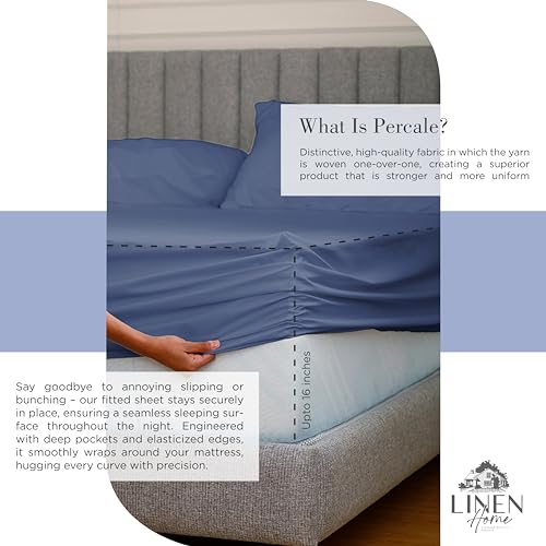 Image of Linen Home 100% Cotton Percale Sheets Full Size, Dark Blue, Deep Pocket, 4 Pieces Set - 1 Flat, 1 Deep Pocket Fitted Sheet and 2 Pillowcases, Crisp Cool and Strong Bed Linen