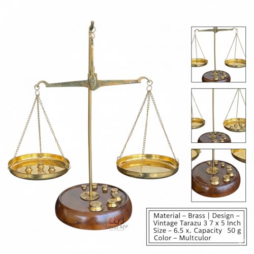 Image of Salvus APP SOLUTIONS Traditional Tarazu Brass Fantasy Showpiece /Mechanical Vintage Weighing Machine With Weight Capacity Of 50 Grams (6.5X3X7.5 Inch),Multicolor