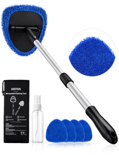 AstroAI 32" Windshield Cleaner Tool, Car Interior Window Detailing Cleaning Kit with Extendable Handle and 4 Easy-to-Install Reusable Microfiber Pads, Auto Glass Wiper Brush Kit for Car&Home, Blue