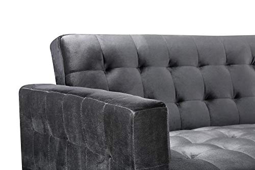 Iconic Home Amandal Convertible Sofa Sleeper Bed L Shape Chaise Tufted Velvet Upholstered Gold Tone Metal Y-Leg Modern Contemporary, Right Facing Sectional, Grey Velvet #TOP4