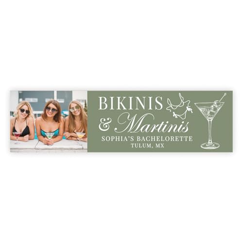 Andaz Press Bikinis and Martinis Custom Bachelorette Banner with Photo, Personalized Bachelorette Party Decorations, Martini Banner Green Beach Pool Cute Party Decor, Backdrop for Pictures, 13x48 Inch