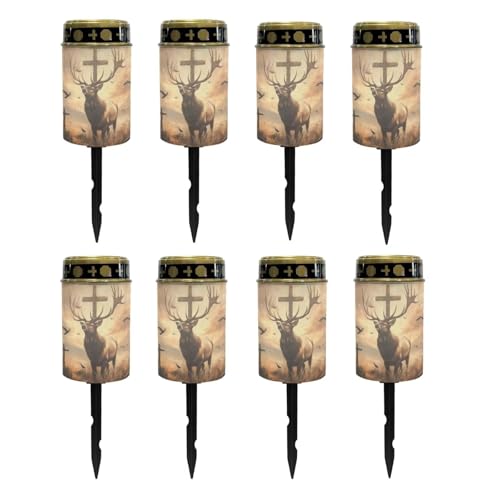 Poceacles 8 Pack Cross Solar Lights Cemetery Solar Lights for Grave Solar Candle Solar Lantern Light Walkway Lights Waterproof Landscape Lighting for Loss of Loved One, Deer Cross Dove of Peace Brown
