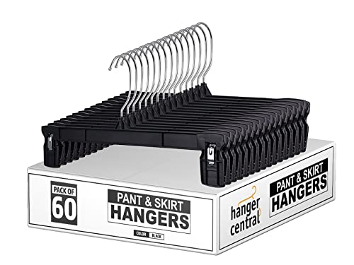 Hanger Central Heavy Duty Pant Hangers With Pinch Clips - 60 Pack, 360-Degree Rotating Chrome Swivel Hook, Space Saving, Durable, 12 Inches Long, Black #TOP7