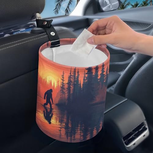 Image of Bigfoot Sunset Forest Car Trash Can Foldable Hanging Portable Dustbin Bin for Back Seat, Front Console, Floor, or Hanging Headrest Waste Basket