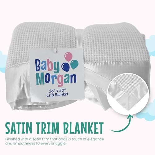 Image of Blankets Thermal Waffle Baby Blanket Crib Bedding - Soft Cozy Warm Infant Thermal Cover for Nursery Stroller or Bassinet, Lightweight Ideal Shower Gift, Satin Trim White 36 inch x 50 inch