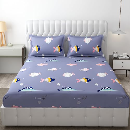 Image of RD FABS Glace Cotton Wrinkle Free Soft Hypoallergenic Bed Sheet | Cartoon Printed Double Bedsheets King Size with 2 Pillow Cover (90x95 Inches /Fish /Blue) 144 TC