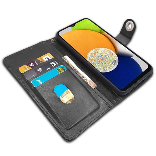 Image of Pikkme Samsung Galaxy A03 Flip Cover Leather Finish | Inside TPU with Card Pockets | Wallet Stand and Shock Proof | Complete Protection Button Flip Case (Black)