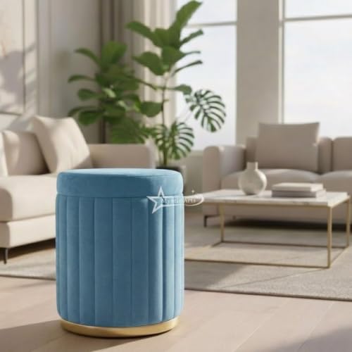 Image of Round Strip Stool with Cushion Foot Rest Office Stool Pouf Ottoman Padded Seat in Living Room (Sky Blue)