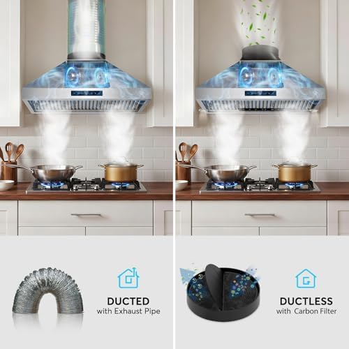 36 Inch Wall Mount Range Hood - 900 CFM, Kitchen Hood with 4-Speed Fan, Gesture & Touch Control, Stainless Steel Stove Vent Hood with Adjustable LED, Grease Filter and Auto Delay Shut-Off