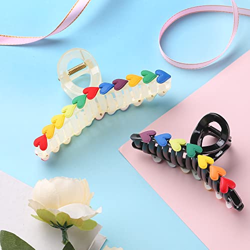 2 Pcs Colorful Heart Shape Hair Claw Clips, Nonslip Large Hair Clips For Thick And Thin Hair Strong Hold Big Hair Jaw Clips Banana Claw Barrettes Fashion Hair Styling Accessories For Women And Girls #TOP6