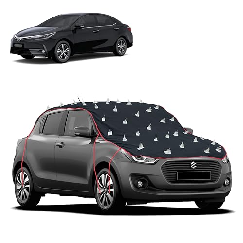 Image of Dog Protection Spike Car Cover for Corolla Altis Bonnet to Roof Easy Installation with 4 Elastic Hook Strap | Anti-Scratch Soft Cotton Inner | Complete Protection from Street Dogs & Monkeys