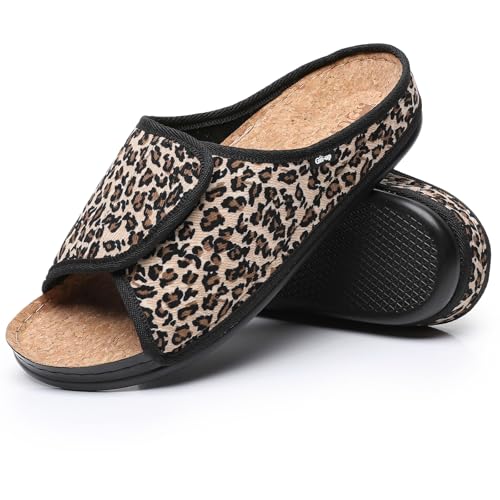 Git-up Womens Cork Footbed Slippers with Arch Support for Plantar Fasciitis Pain Relief, Open Toe Adjustable Indoor Outdoor Orthopedic House Shoes