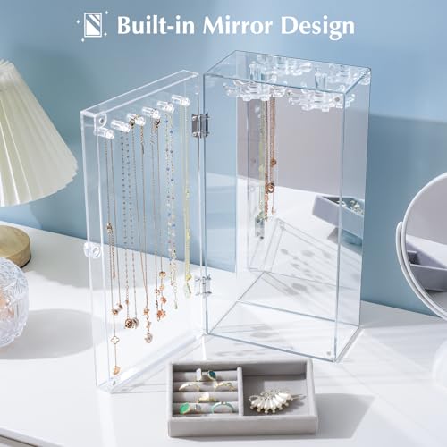 Lolalet Necklace Holder Organizer, Acrylic Jewelry Organizer with 24 Hooks, Rotating Clear Necklaces Display Box with Built-in Mirror, Dust-proof Jewelry Storage Case with Velvet Tray -Clearmirror3