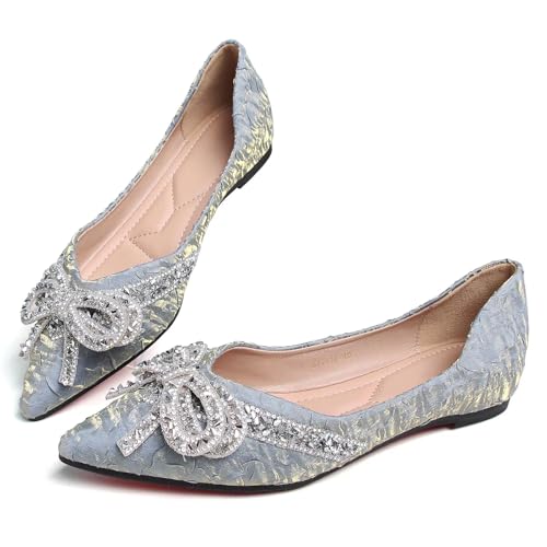TN TANGNEST Womens Ballet Flats Shiny Rhinestone Bowknot Pointed Toe Dress Flats Cute Slip On Flat Shoes Comfortable Wedding Party Flats Blue 40(7.5)4
