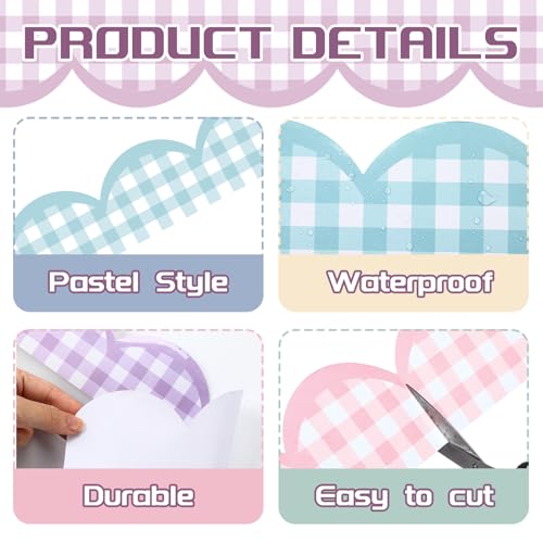 Image of Fuutreo 6 Roll 197 ft Gingham Pastel Bulletin Board Borders Checkered Classroom Decoration Scalloped Border Trim Decor for Back to School Chalkboard Office Wall