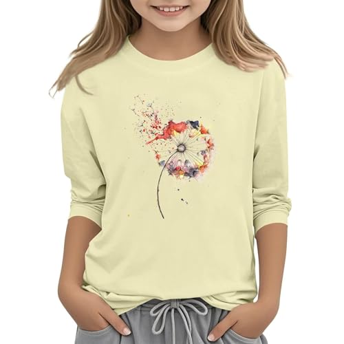 Teen Girls Floral 3/4 Length Sleeve Top Summer Crewneck Casual Athletic Blouse for Kids Soft Comfy (Khaki #7, 8-9 Years)