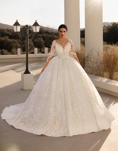 Jamille Women's Lace Beach Wedding Dresses for Bride 2025 Deep V Neck Long Ball Gowns with Train Sleeve High Waist JA01254