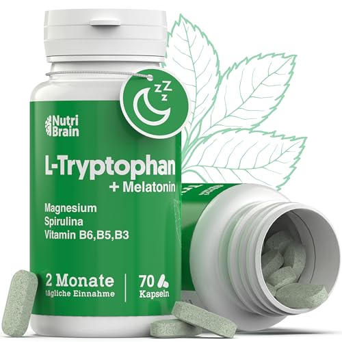 Natürliches L-Tryptophan Tabletten Hochdosiert 570mg - Schalfhilfe mit Tryptophan, Melatonin & Spirulina - Natürliche Formel für Besseren Schlaf, Weniger Angstzustände, Mehr Energie & Konzentration