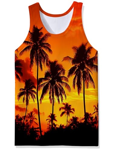 Adovigo Mens Tank Tops Hawaiian Tropical Summer Graphic 3D Palm Trees Sunset Scenic Tees Mens Beach Crewneck Workout Tank Top Guy Surf Vacation Sleeveless T-Shirts M