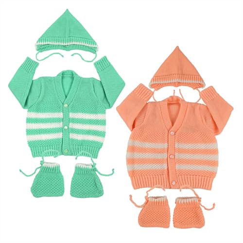 Image of Baby Woolen Sweater for Boys & Girls | Soft Knitted Winter Cardigan | Warm Full Sleeve Winter Wear for Newborn, Infant & Toddler Combo Orange and Green (0 to 3 Months) Pack of 2