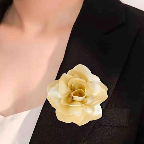 Image of 2Pcs 5in Dainty Satin Fabric Flower Brooch Extra Large Rose Camellia Flower Brooches Lapel Pins for Women Wedding Party Dance Banquet Clothes Jewelry Accessories