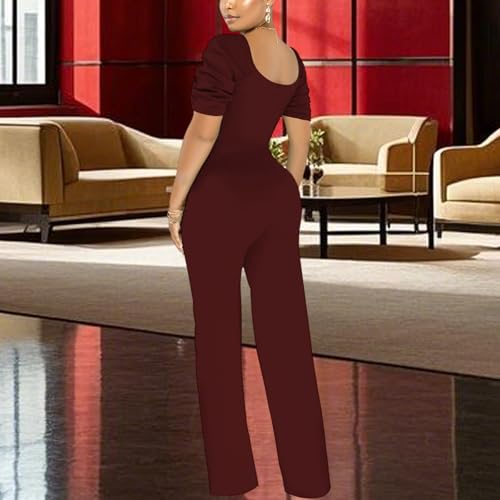 Image of PaladMom Womens Elegant Plus Size Jumpsuits Sexy Back zipper Short Sleeve Mid Waist Wide Leg Straight Rompers