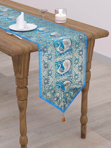 Image of Banarasi Brocade Zari Silk Table Runner Dinning & Centre Table Runner 177 By 30 CM (Turquoise, Peacock)