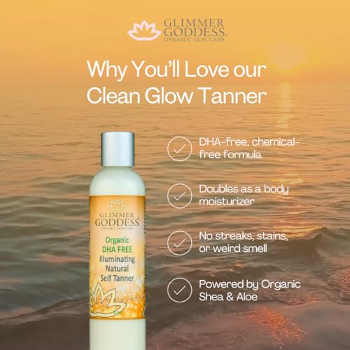 Image of Glimmer Goddess Organic DHA-Free Natural Self Tanner (DARK), Sunless Tanning Lotion, Streak-Free, Sensitive Skin, Non-Toxic, Cruelty-Free, 3-5 Day Development, Unscented 8 oz.