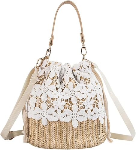 Bolso de paja tejido para mujer estilo cubo miniatura 1