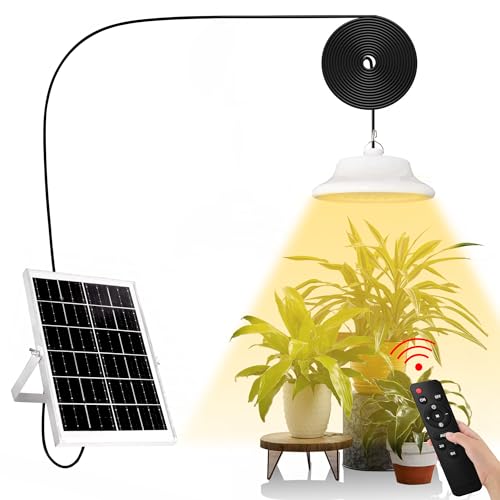 Solar Grow Light, Full Spectrum Grow Lights for Outdoor/Indoor Plants, Solar Powered Hanging Grow Light Bulb for Greenhouse, Balcony, Garden, Gazebo, Sunlight Lamp with Remote (New Solar Gro