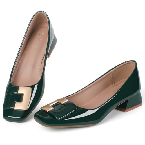 Green Pumps Shoes Women Leather Comfortable Square Toe Dress Shoes Slip On Low Chunky Block Heel Office Lady Shoes Size 8