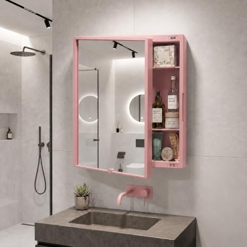 Image of BRANCO New Rich Look Bathroom Organizer Cabinet | Mirror with Shelf | 4 Shelves Storage Organizer | Wall Mounted Cabinet | for Home /Kitchen /Toilet (BRC-931) (Pink)