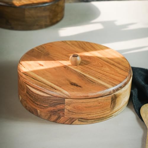 Image of Sanjeev Kapoor By OGGN Acacia Wood 9 x 9 x 3 Inch, Casserole for Roti Hot Case | Wooden Roti Box | Hot Case Casserole | Big Chapati Storage Box for Home & Kitchen - Premium Wood Elegant Design